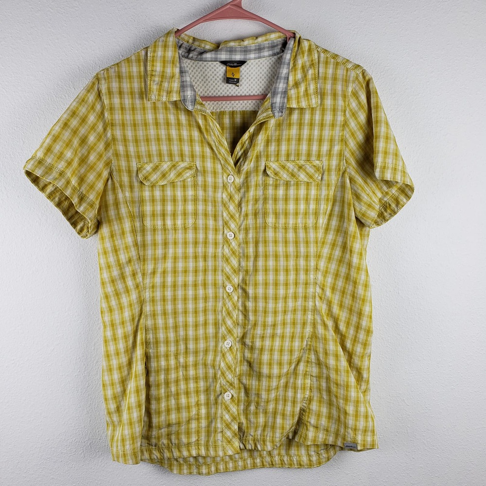 Eddie Bauer Women's M Short Sleeve Button‎ Up Top Bright Yellow Gingham Plaid